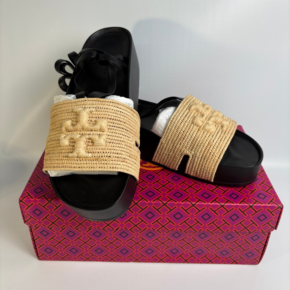 NIB Tory Burch Eleanor Raffia Platform Lace Up Sandal Black Natural 11 134933